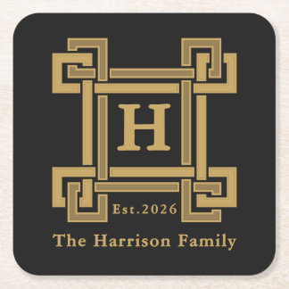 Porta-copo De Papel Quadrado Luxury Black Gold Greek Key Monogrammed