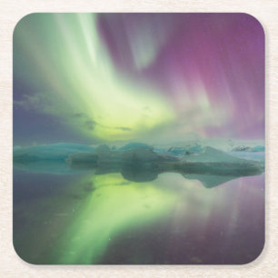 Porta-copo De Papel Quadrado Luzes da Aurora na Lagoa   Jokulsarlon, Islândia