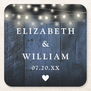 Porta-copo De Papel Quadrado Luzes de Corda Azuis Casamento Rústico em Madeira 