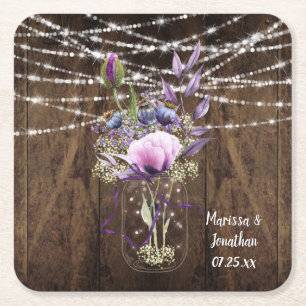 Porta-copo De Papel Quadrado Luzes de Cordas de Mason Jar Floral Roxo de Aquare