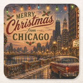 Porta-copo De Papel Quadrado Luzes de Natal da Cidade Vintage Chicago Route 66