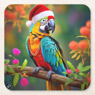 Porta-copo De Papel Quadrado Macaw de Natal Vestindo um Chapéu Santa- 56485