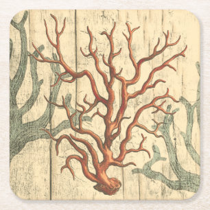 Porta-copo De Papel Quadrado Madeira e coral pequeno