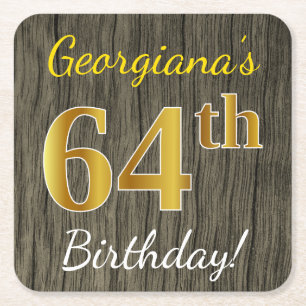 Porta-copo De Papel Quadrado Madeira Faux, Faux Dourado 64.o aniversário + nome