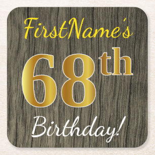 Porta-copo De Papel Quadrado Madeira Faux, Faux Dourado 68.o aniversário + nome