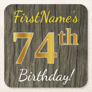 Porta-copo De Papel Quadrado Madeira Faux, Faux Dourado 74.o aniversário + nome