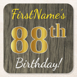 Porta-copo De Papel Quadrado Madeira Faux, Faux Dourado 88.o aniversário + nome