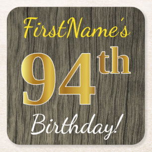 Porta-copo De Papel Quadrado Madeira Faux, Faux Dourado 94.o aniversário + nome