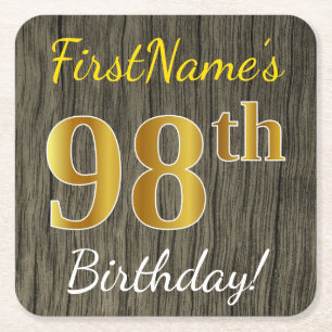 Porta-copo De Papel Quadrado Madeira Faux, Faux Dourado 98.o aniversário + nome