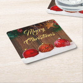 Porta-copo De Papel Quadrado Madeira russa e Berries vermelhos Natal