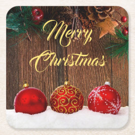 Porta-copo De Papel Quadrado Madeira russa e Berries vermelhos Natal