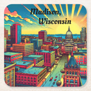 Porta-copo De Papel Quadrado Madison, Wisconsin Skyline no Sunset