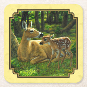 Porta-copo De Papel Quadrado Mãe e Bebê Whitetail Deer Yellow