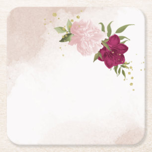 Porta-copo De Papel Quadrado magenta e flores cor-de-rosa folhagem casamento