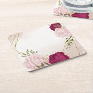 Porta-copo De Papel Quadrado magenta e flores cor-de-rosa folhagem casamento