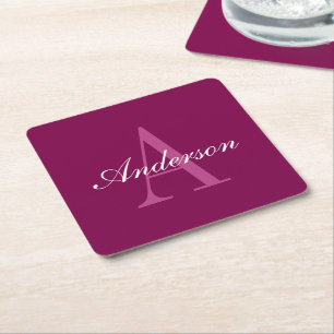 Porta-copo De Papel Quadrado Magenta Vermelha Elegante, Nome Cor-de-Rosa e Bran