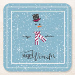 Porta-copo De Papel Quadrado Magic and Wonder Christmas Snowman Blue ID440<br><div class="desc">Belo e minimalista papel de Natal design de porta copos com um estilizado boneco de neve emoldurado em branco sobre um cadete azul espalhado com flocos de neve e estrelas. A tipografia de tendências de 'Magic and Wonder' completa a design. Adicione seu nome para personalizar, se preferido. Procure ID440 para...</div>