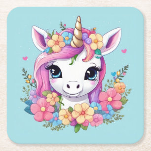 Porta-copo De Papel Quadrado Magical Baby Unicorn with Flowers