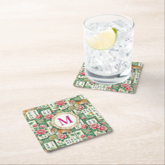 Porta-copo De Papel Quadrado Mahjong Chinoiserie Floral Monogram Personalized 