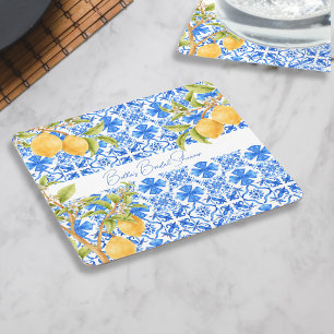 Porta-copo De Papel Quadrado Main Squeeze Mediterranean Telhas Limões Noiva