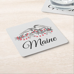 Porta-copo De Papel Quadrado Maine Chickadee Bird Feriado de inverno Neve
