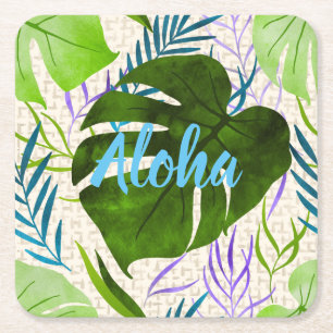 Porta-copo De Papel Quadrado Maleah Monstera Tropical Havaiana - Verde-Aquarela