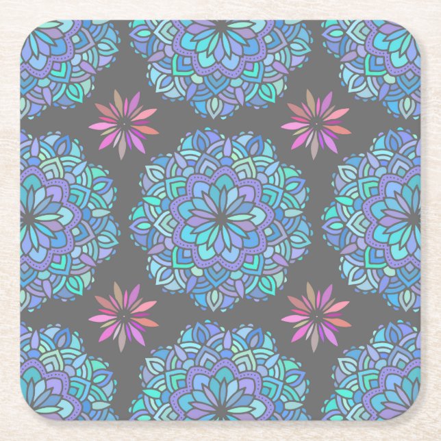 Porta-copo De Papel Quadrado Mandala de Flor Azul (Frente)
