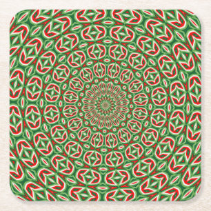 Porta-copo De Papel Quadrado Mandala de Natal em Verde e Vermelho com Branco de