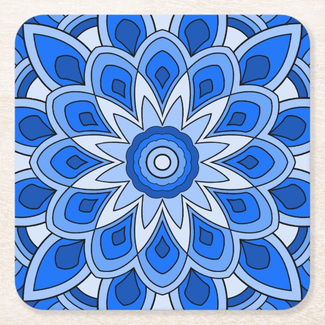 Porta-copo De Papel Quadrado Mandala em azul (Frente)
