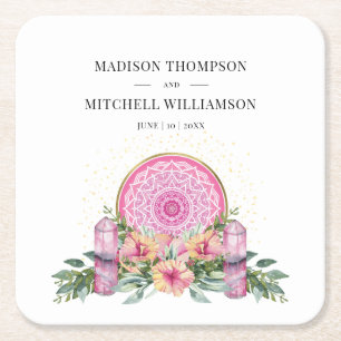 Porta-copo De Papel Quadrado Mandala Metafísico de Cristais Florais Rosa Casame