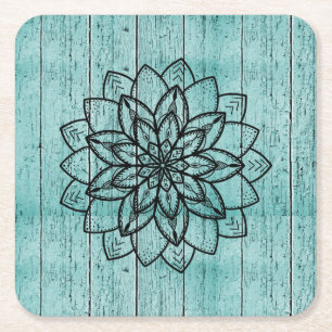 Porta-copo De Papel Quadrado Mandala sobre madeira azul