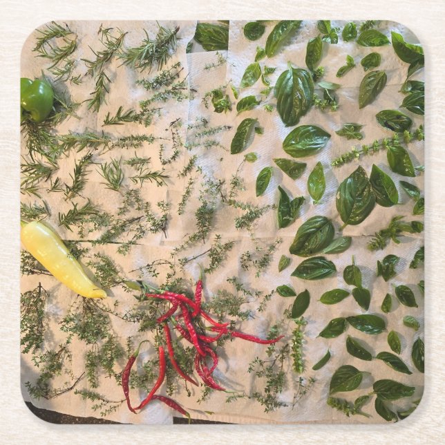 Porta-copo De Papel Quadrado Manjericão e Peppers (Frente)