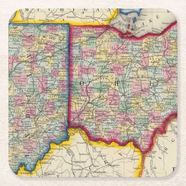 Porta-copo De Papel Quadrado Mapa do condado de Ohio, e de Indiana (Frente)