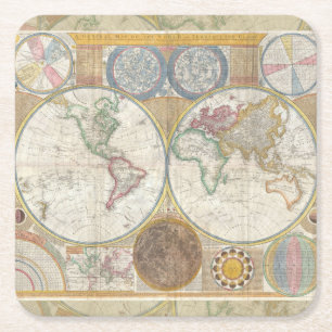 Porta-copo De Papel Quadrado Mapa Mundial de Viagens Antigo Geografia Vintage