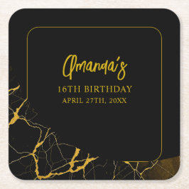 Porta-copo De Papel Quadrado Marble Negro e Dourado em greve Doce 16 Aniversári