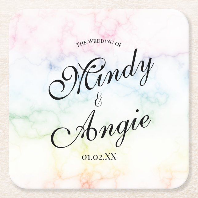 Porta-copo De Papel Quadrado Marble Rainbow Gay Script Wedding (Frente)
