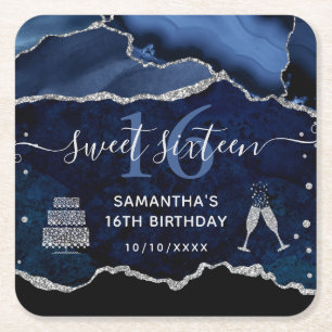 Porta-copo De Papel Quadrado Marble Sweet, Agitado com Glitter Azul e Prateado