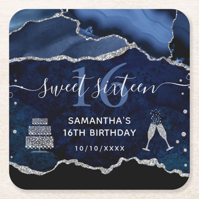 Porta-copo De Papel Quadrado Marble Sweet, Agitado com Glitter Azul e Prateado  (Frente)