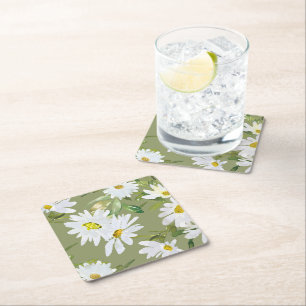 Porta-copo De Papel Quadrado Margarida Branca floral de Verão Chá de fraldas