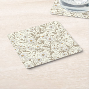 Porta-copo De Papel Quadrado Margaridas em branco e marrom sobre branco fosco