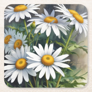 Porta-copo De Papel Quadrado Margaridas Ramalhete de Flores Aquarela Elegante