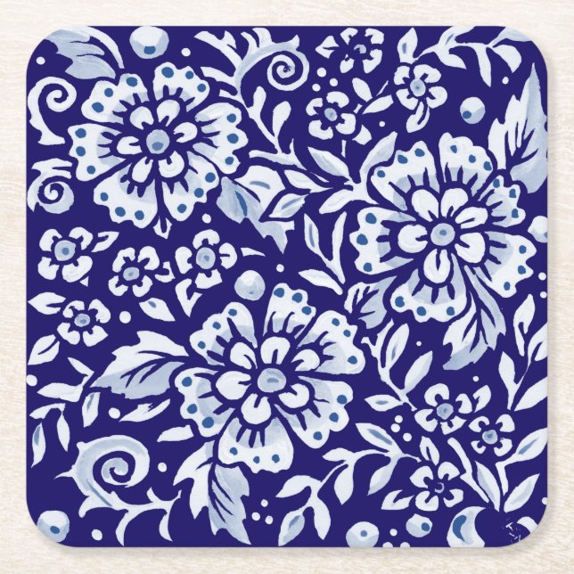 Porta-copo De Papel Quadrado Marinho Azul Branca Floral Chinoiserie Design (Frente)