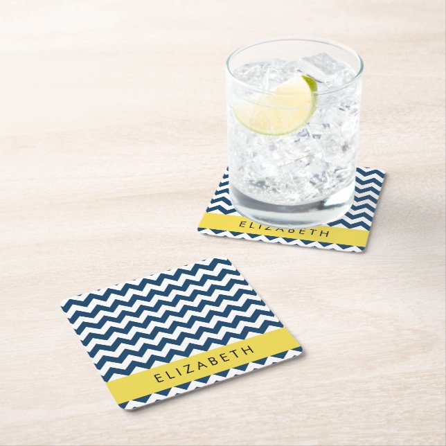 Porta-copo De Papel Quadrado Marinho Azul Zigzag, Marinho Blue Chevron, Seu Nom (Insitu)