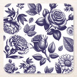 Porta-copo De Papel Quadrado Marinho Blue Floral Vintage