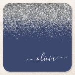Porta-copo De Papel Quadrado Marinho de prata Blue Glitter Girly Monographic No<br><div class="desc">Marinho Blue e Silver Sparkle Glitter Script Monograma Name Portas copos de papel. Isso faz a formatura perfeita,  aniversário,  casamento,  chá de panela,  aniversário,  chá de fraldas ou presente de festa de solteira para alguém que ama luxo de vidro e estilos quíticos.</div>