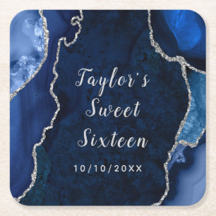 Porta-copo De Papel Quadrado Marinho e Agato de Prata Marble Sweet 16