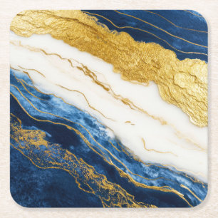 Porta-copo De Papel Quadrado Marinho Luxurioso Azul e Dourado Mármaco Folha