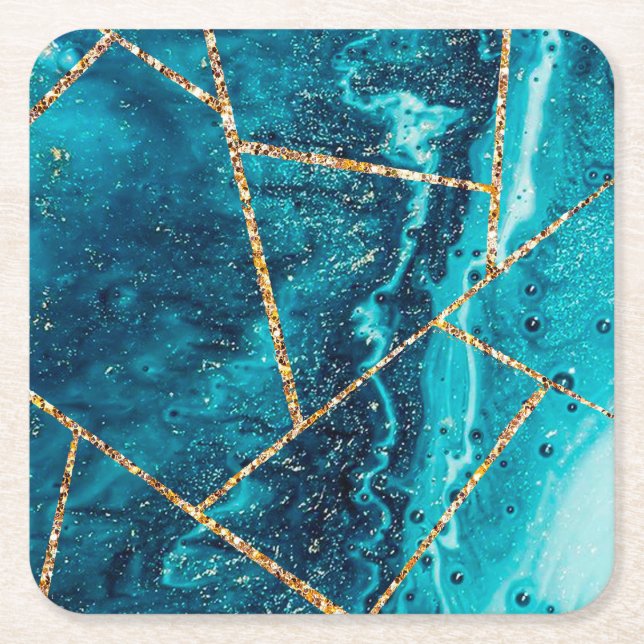 Porta-copo De Papel Quadrado Marinho na moda Blue Dourado Agate Geode Monograma (Frente)