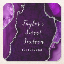 Porta-copo De Papel Quadrado Mármaco de Agato de Púrpura e Prata Doce Dezesseis