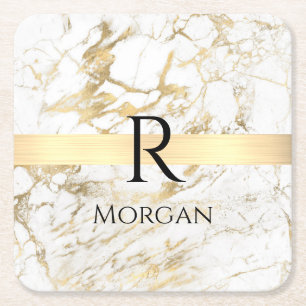 Porta-copo De Papel Quadrado Mármore Branco e Dourado, Nome Preto e Monograma